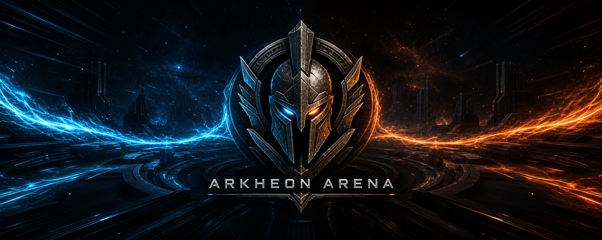Univers visuel ARKHEON ARENA, éclairé en cyan et orange